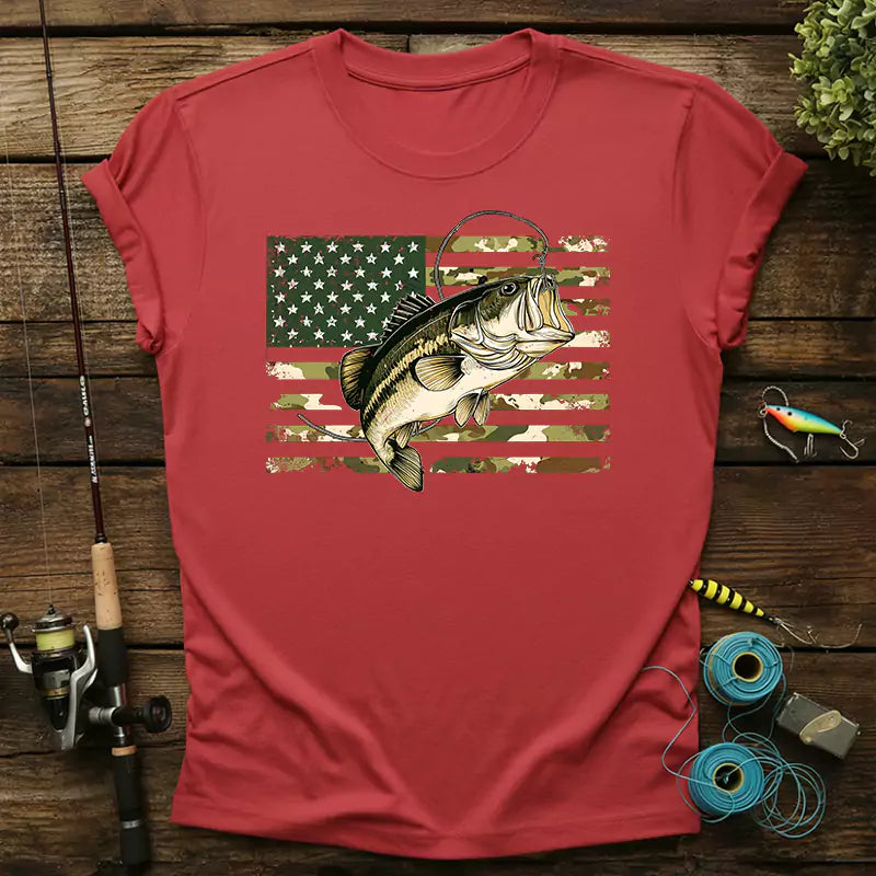 Fishing Camouflage US American Flag Bass T-shirt