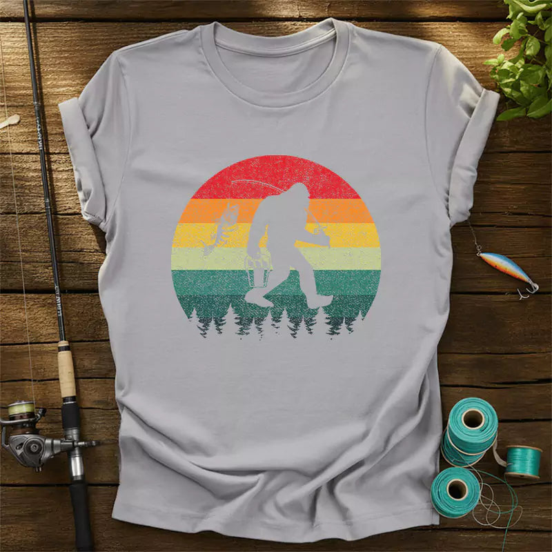 Bigfoot Fishing Adventure Retro Sasquatch Fisherman T-Shirt