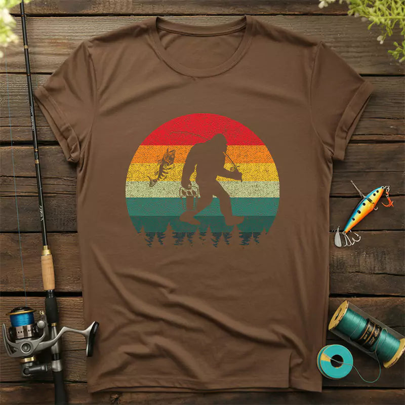 Bigfoot Fishing Adventure Retro Sasquatch Fisherman T-Shirt