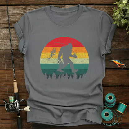 Bigfoot Fishing Adventure Retro Sasquatch Fisherman T-Shirt