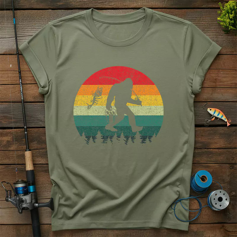Bigfoot Fishing Adventure Retro Sasquatch Fisherman T-Shirt