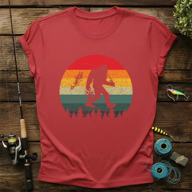 Bigfoot Fishing Adventure Retro Sasquatch Fisherman T-Shirt