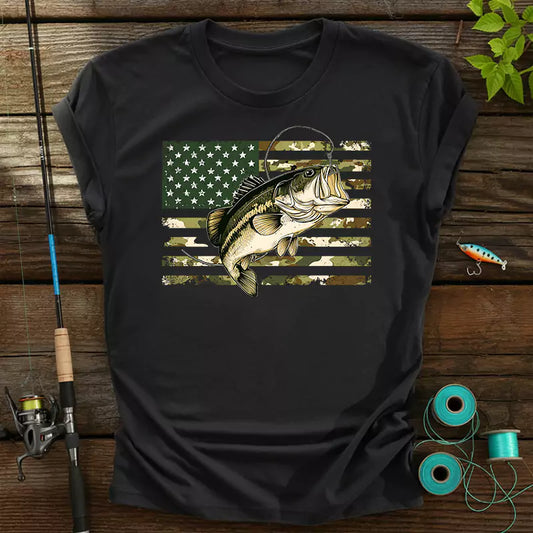 Fishing Camouflage US American Flag Bass T-shirt