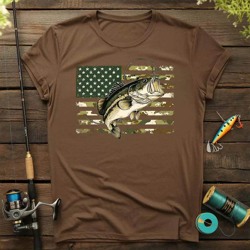 Fishing Camouflage US American Flag Bass T-shirt