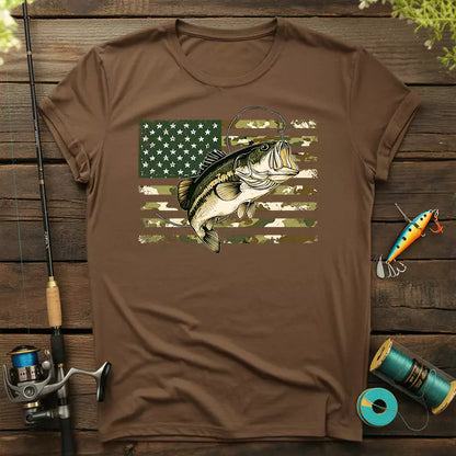 Fishing Camouflage US American Flag Bass T-shirt