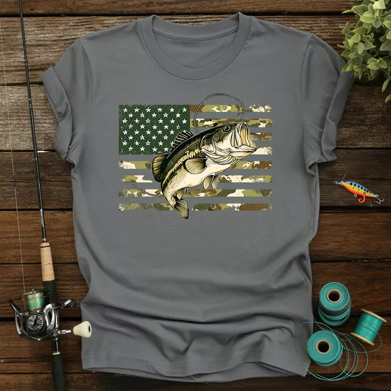Fishing Camouflage US American Flag Bass T-shirt