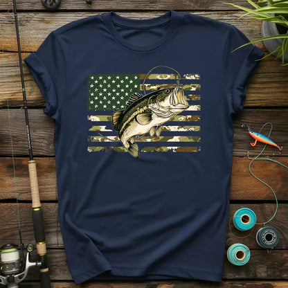 Fishing Camouflage US American Flag Bass T-shirt