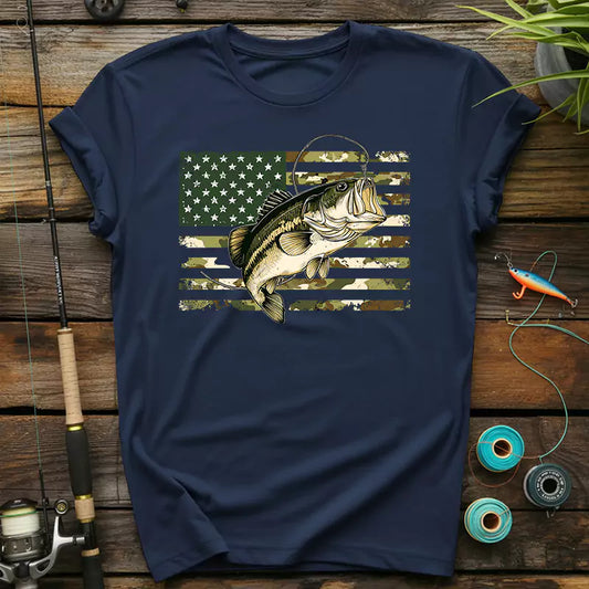 Fishing Camouflage US American Flag Bass T-shirt