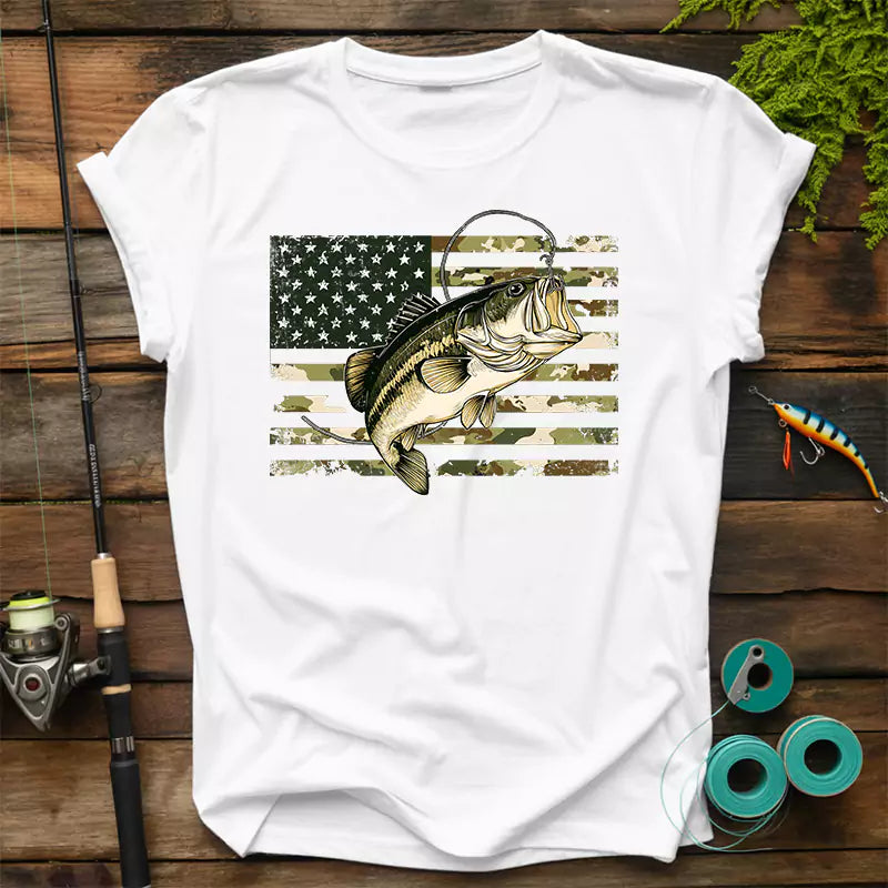 Fishing Camouflage US American Flag Bass T-shirt
